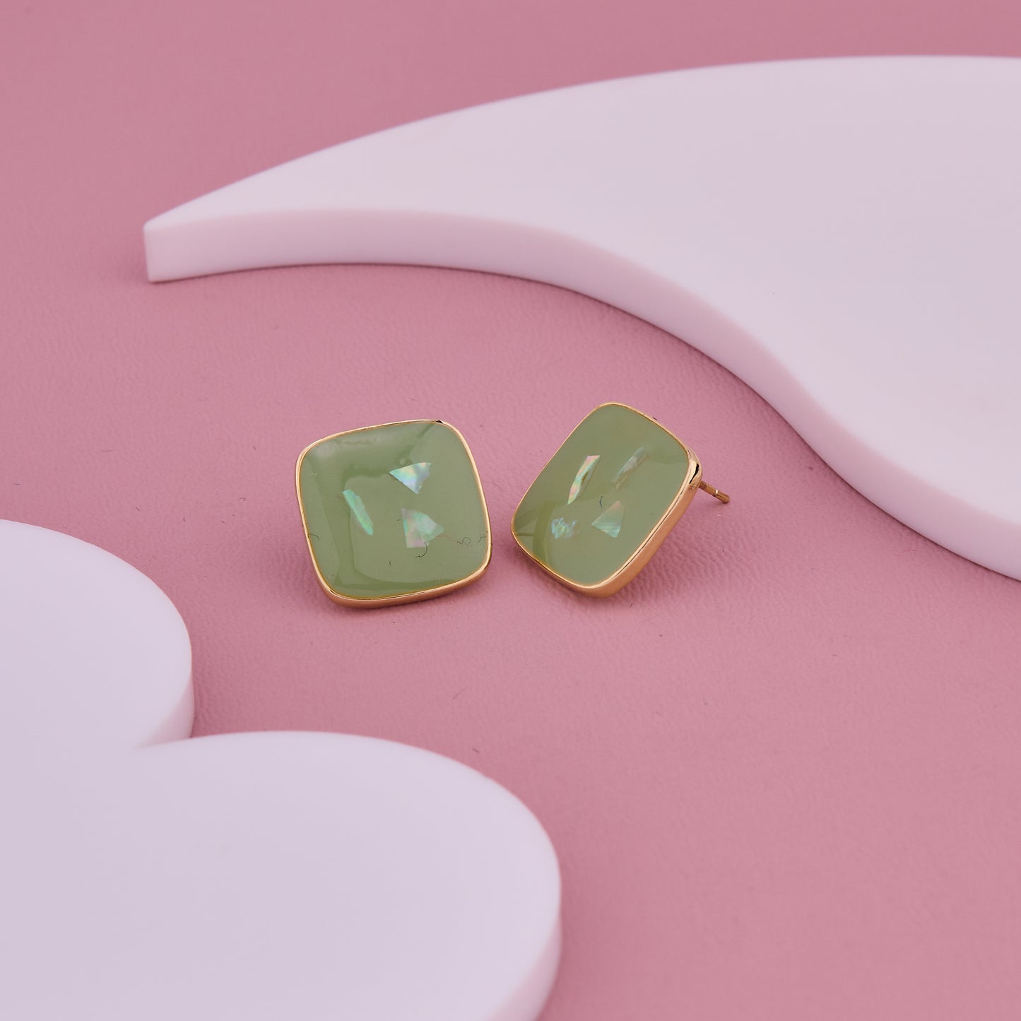 Green Square Glossy Stud Earrings with Iridescent Detailing