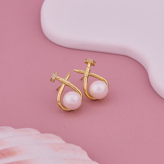 Gold Pearl Nail-Design Stud Earrings with Diamond Detailing on Top
