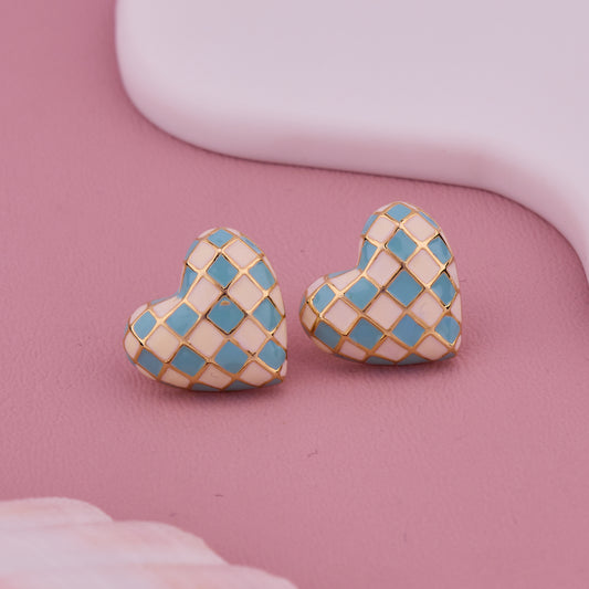 Blue & White Checkered Heart-Shaped Stud Earrings with Gold Outlining