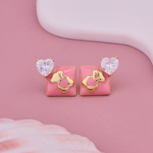 Pink Enamel Heart-Cut Crystal Stud Earrings with Gold Bunny Motif