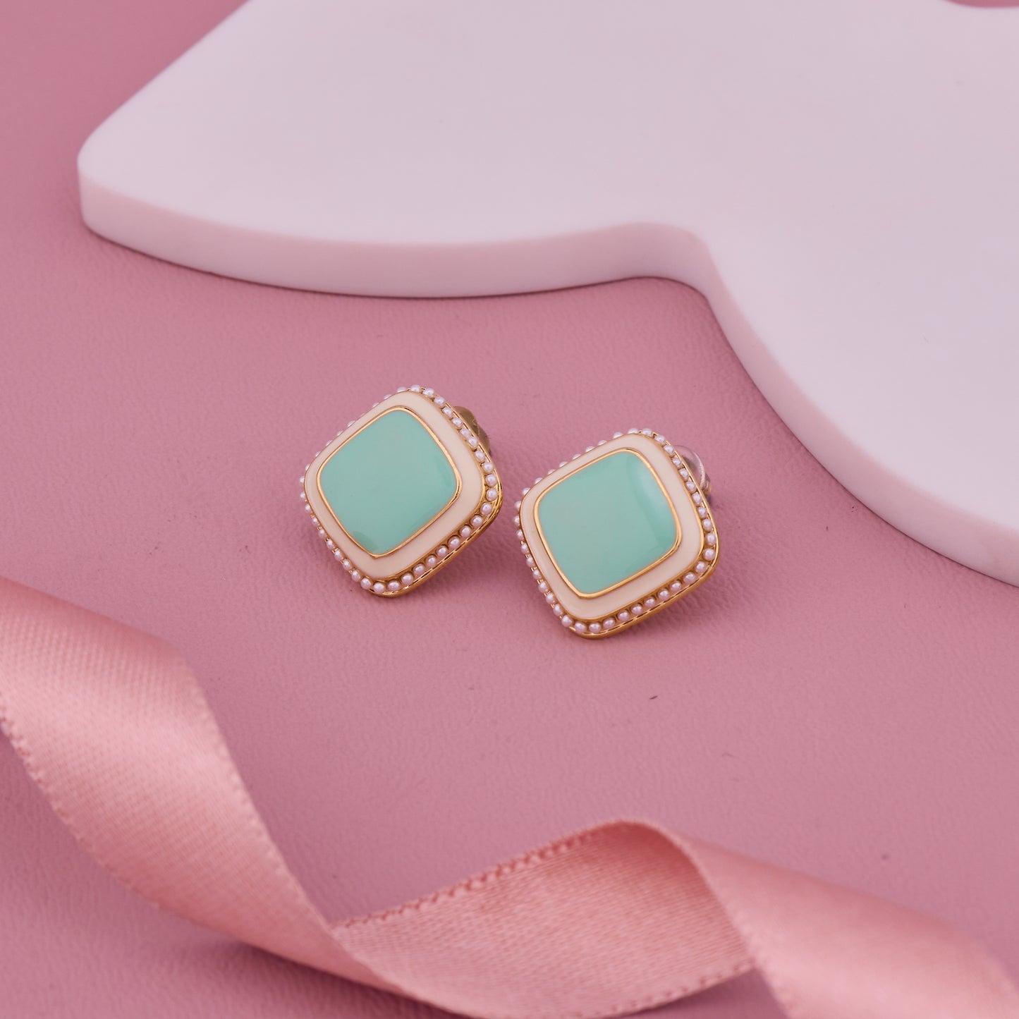 Mint Green Square Enamel Stud Earrings with Pearl Beaded Gold Border
