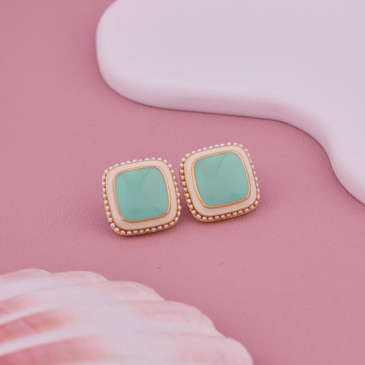 Mint Green Square Enamel Stud Earrings with Pearl Beaded Gold Border