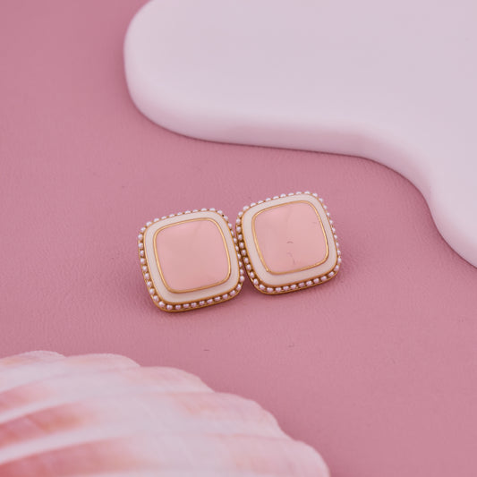 Peach Enamel Square Stud Earrings with Pearl Beaded Border