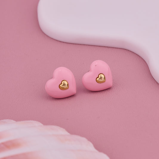 Pink Heart Stud Earrings with Golden Heart Center