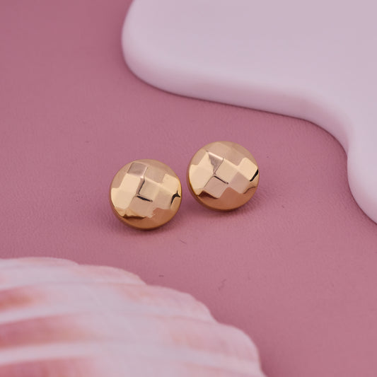 Gold-Toned Geometric Round Stud Earrings with Checkered Texture