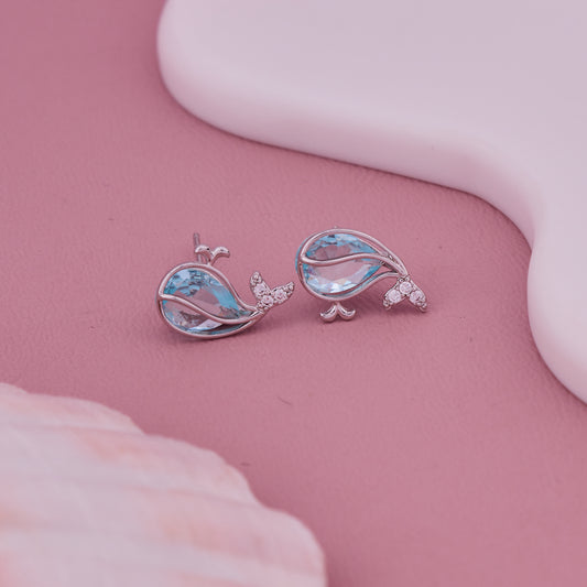 Silver-Toned Leaf Design Earrings with Blue Gemstones