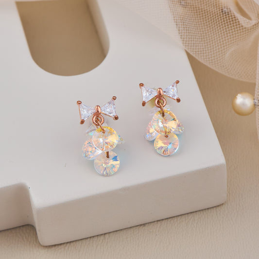 Rose Gold Bow Earrings with Iridescent Crystal Dangle Discs