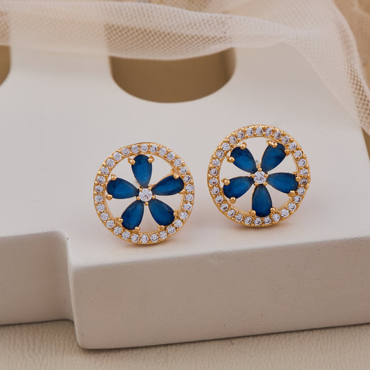 Gold-Toned Round Floral Earrings with Blue Gemstone
