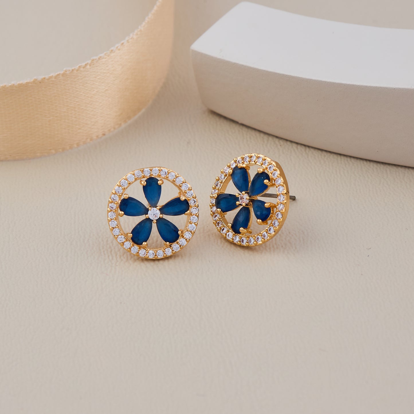 Gold-Toned Round Floral Earrings with Blue Gemstone