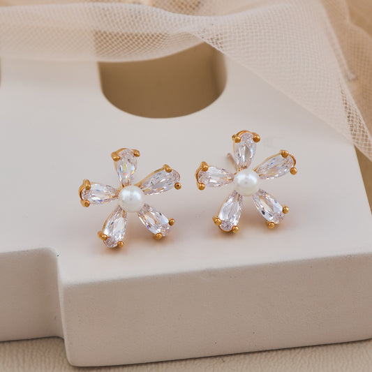Gold-Toned Floral Earrings with Crystal Petals and Pearl Center