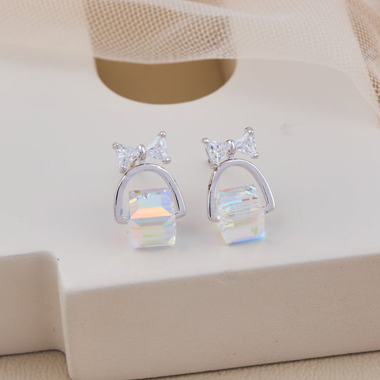 Silver Bow Earrings with Iridescent Cube Drop