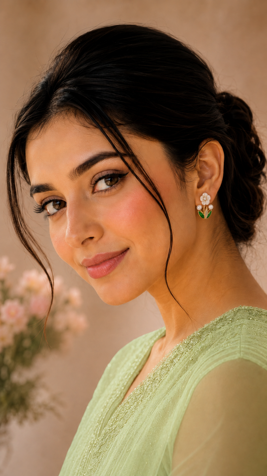 Floral Pearl Leaf Stud Earrings