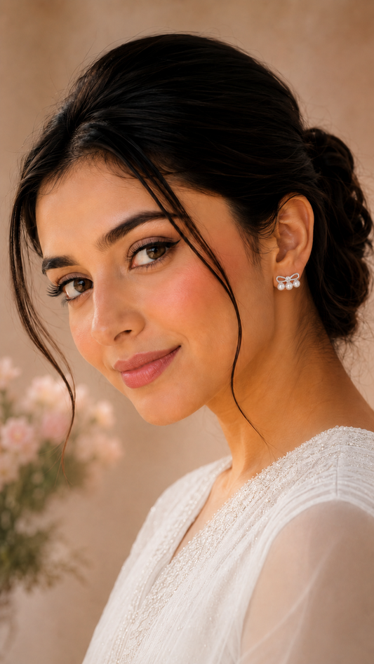 Silver Bow Pearl Stud Earrings
