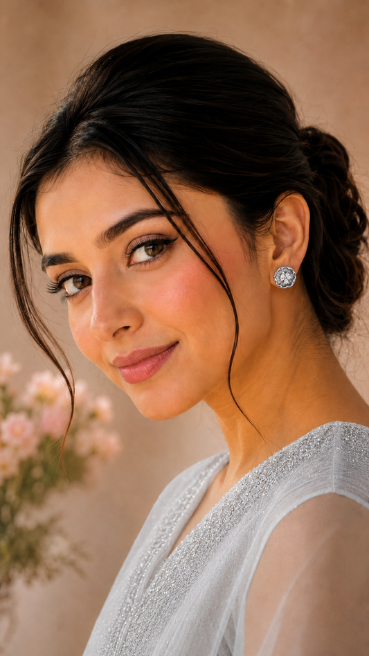 Silver Floral Crystal Stud Earrings