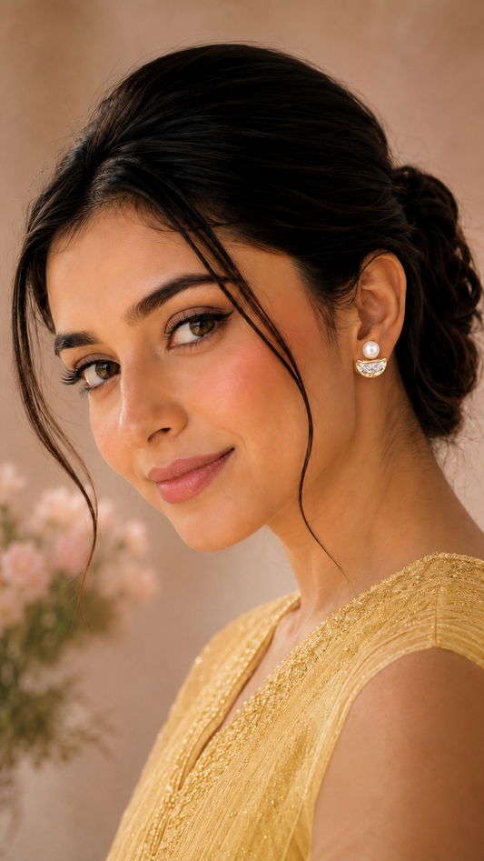 Pearl and Crystal Half Moon Stud Earrings