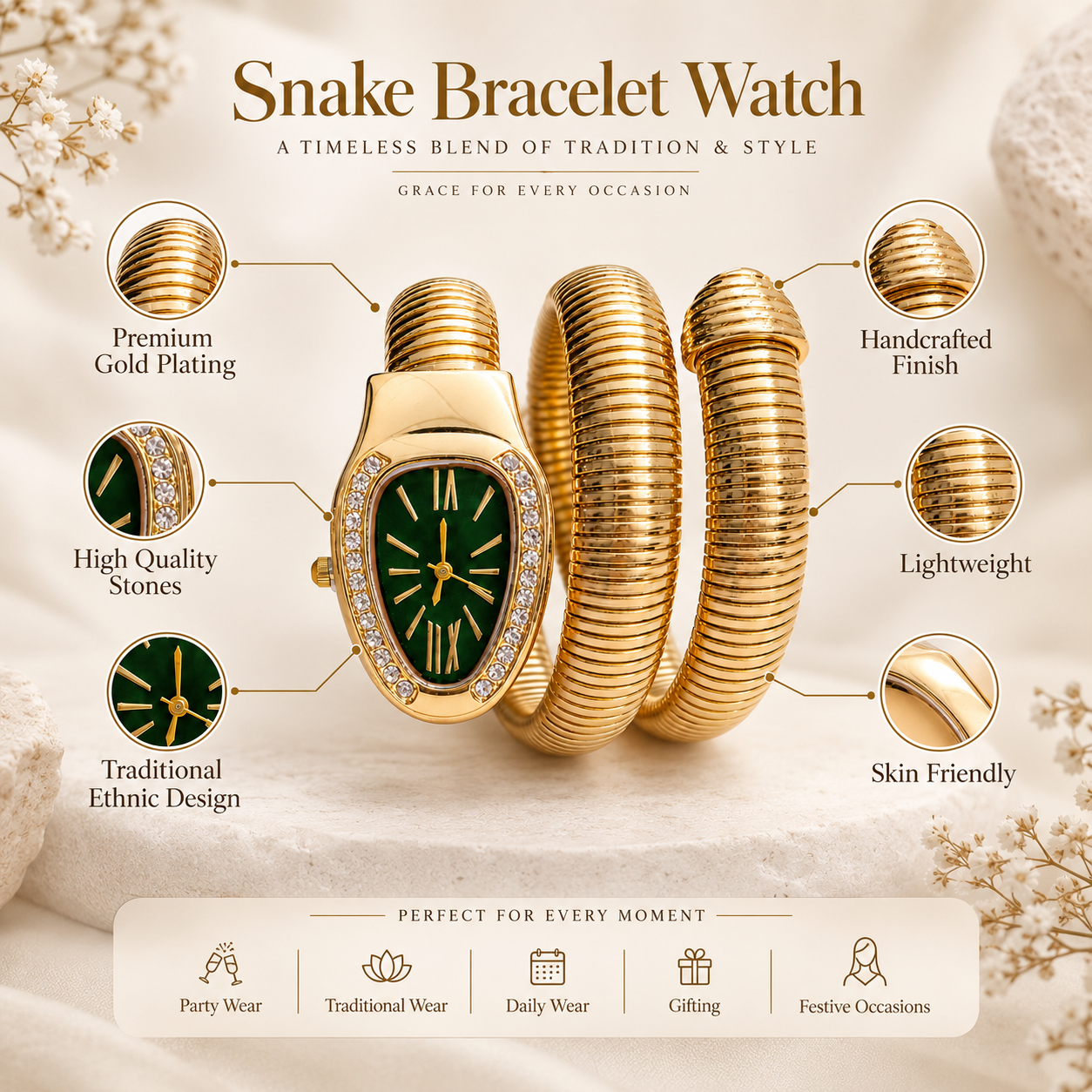 Elegant snake bracelet watch showing detailed wrist design