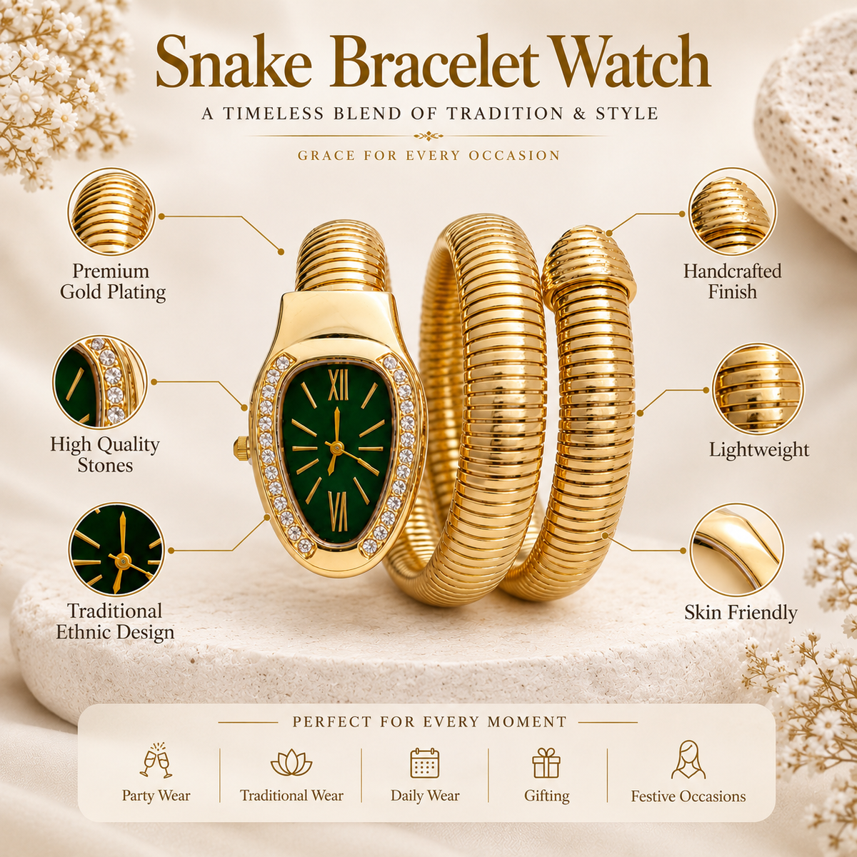 GC Premium Jewellery Snake Watch Bracelet for Women Green Dial Gold-Tone Snake Design Watch