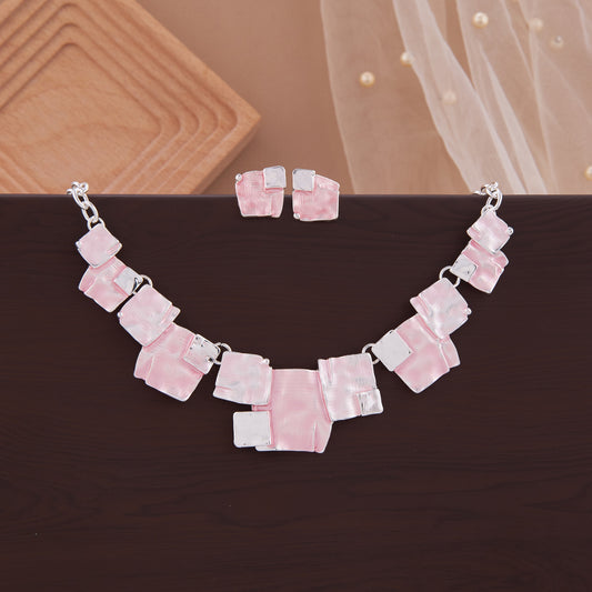 Pink & Silver Abstract Square Necklace Set