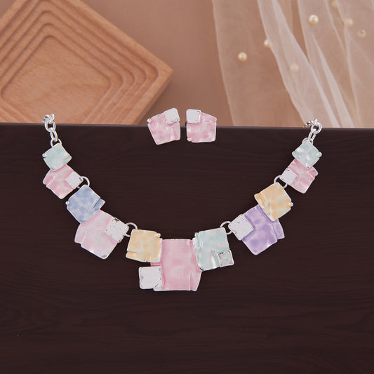 Multicolor Square Mosaic Necklace Set – Elegant & Artistic Design