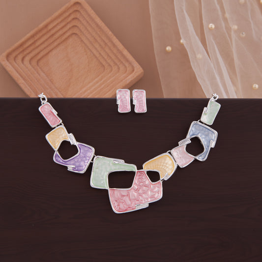 Pastel Geometric Necklace & Earrings Set – Silver-Tone Charm