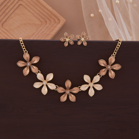 Elegant Floral Necklace Set in Gold Tone with Matching Earrings for Women