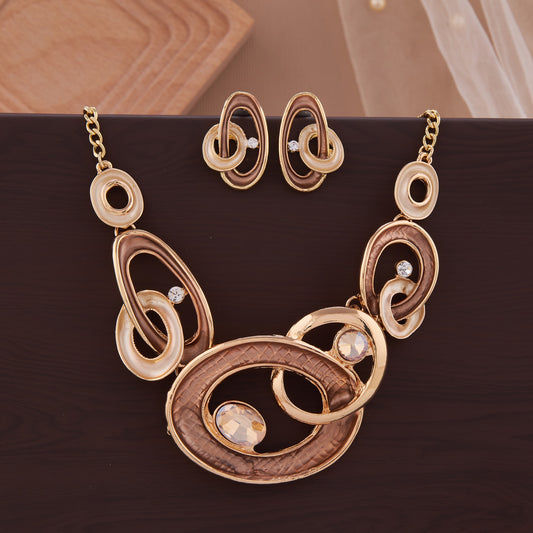Stylish Gold-Toned Oval Necklace Set with Crystal Accents for Women