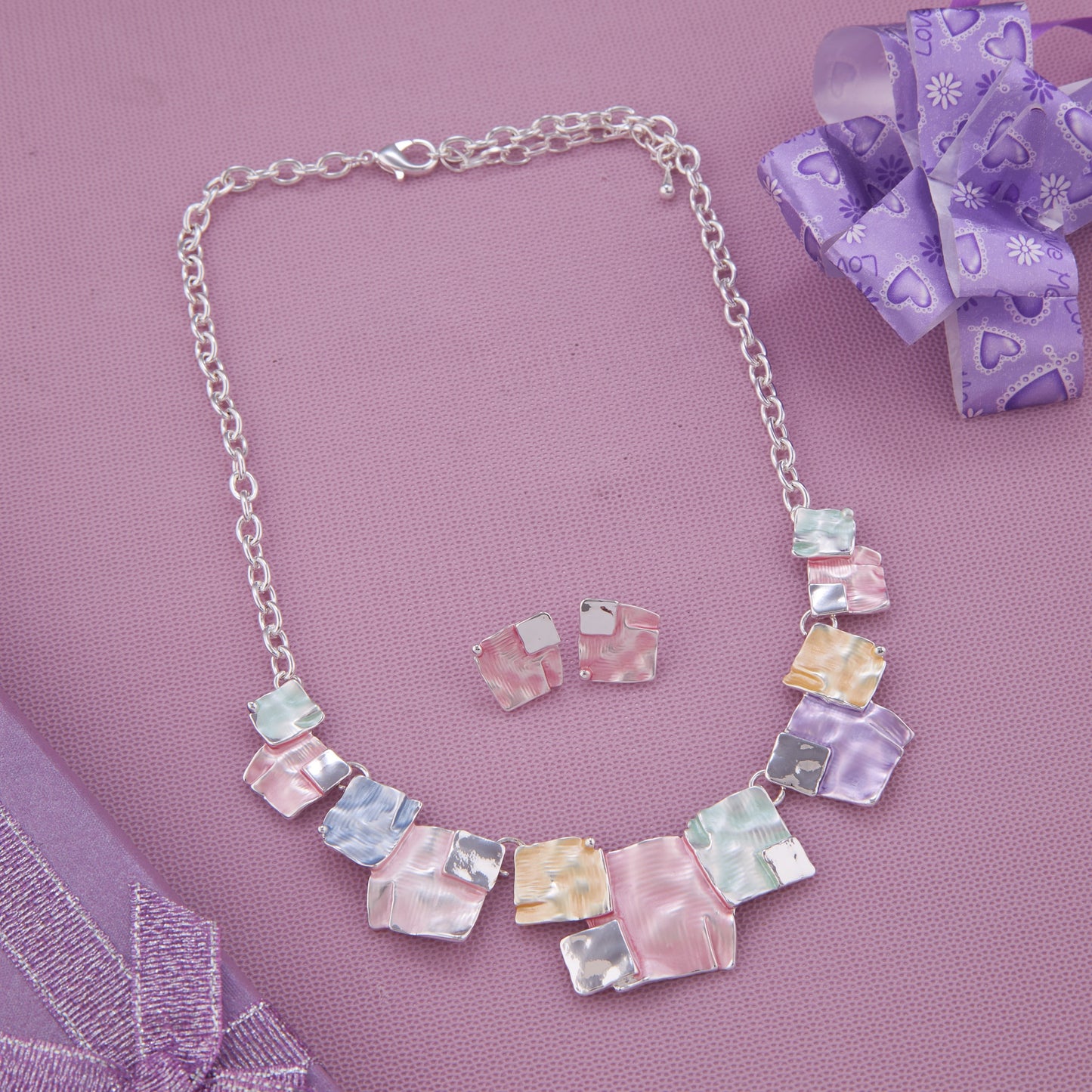 Multicolor Square Mosaic Necklace Set – Elegant & Artistic Design