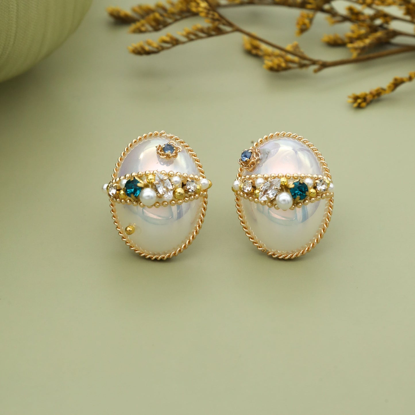Elegant Oval Pearl Stud Earrings with Crystals & Gold Detailing for Women & Girls