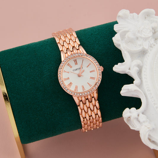 Rose Gold Roman Dial Watch with Crystal-Studded Bezel