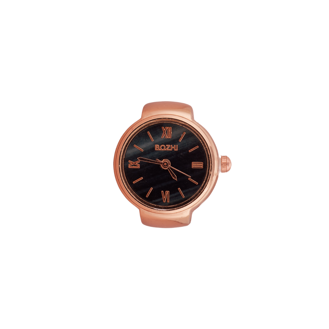 Rose Gold Ring Watch with Black Roman Dial