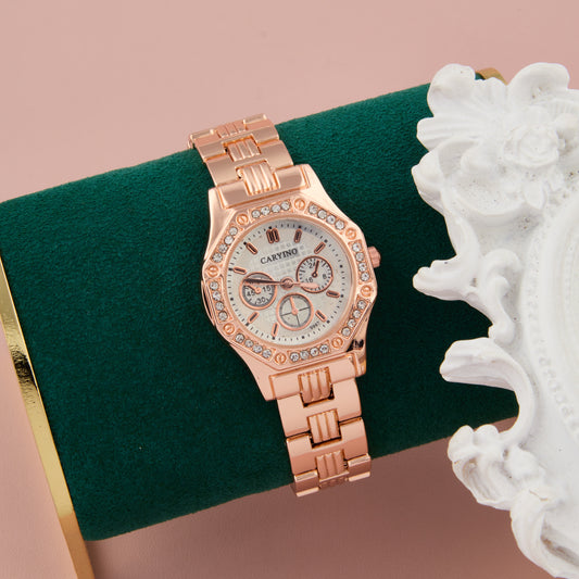 Rose Gold Multi-Dial Crystal-Studded Watch for Women