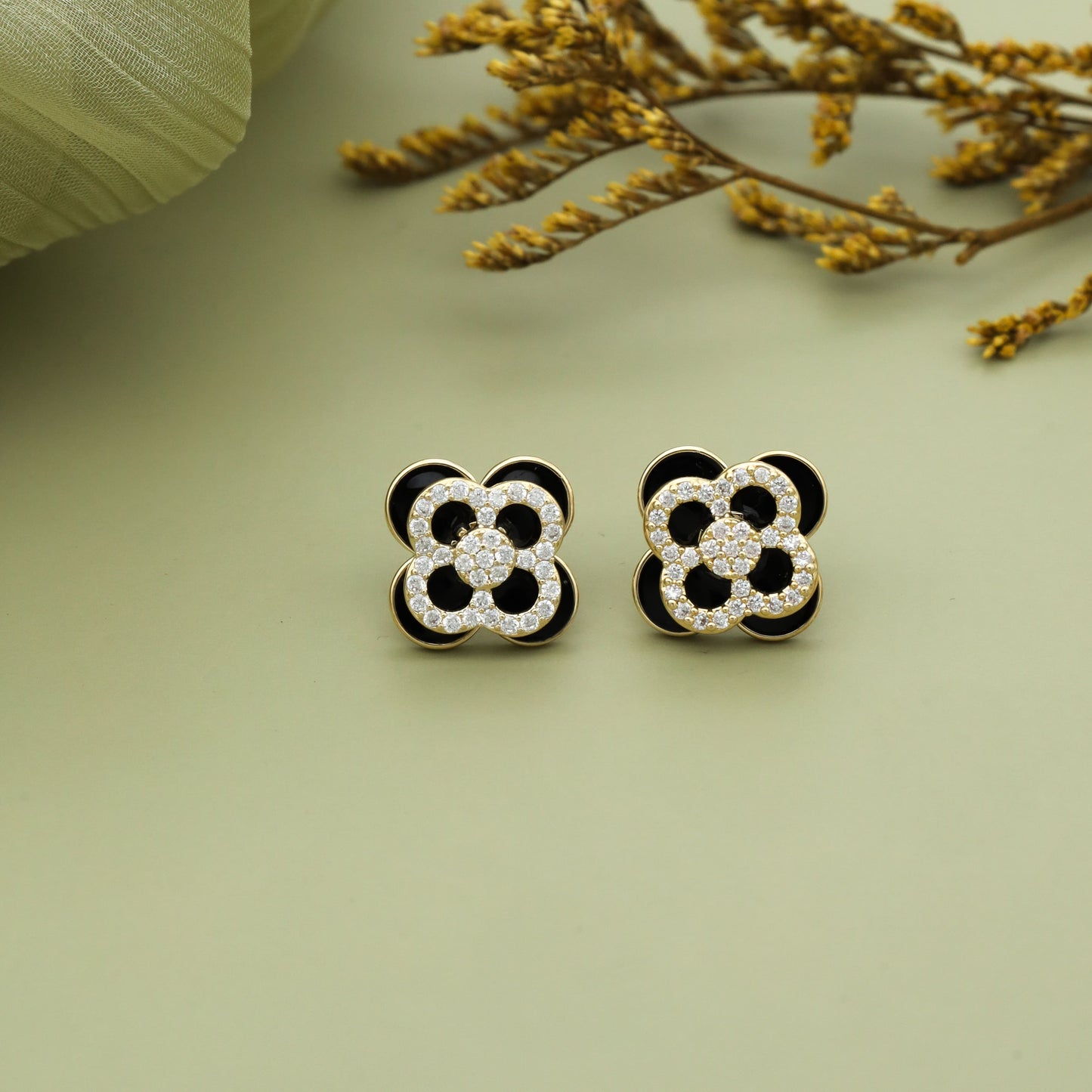Floral Clover Stud Earrings – Black & Gold Elegance with Crystal Accents