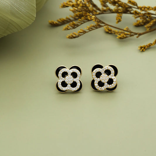 Floral Clover Stud Earrings – Black & Gold Elegance with Crystal Accents