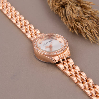 Elegant Rose Gold Round Dial Women's Watch with Crystal Accents
