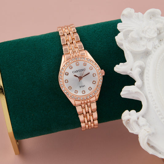 Elegant Rose Gold Round Dial Women's Watch with Crystal Accents