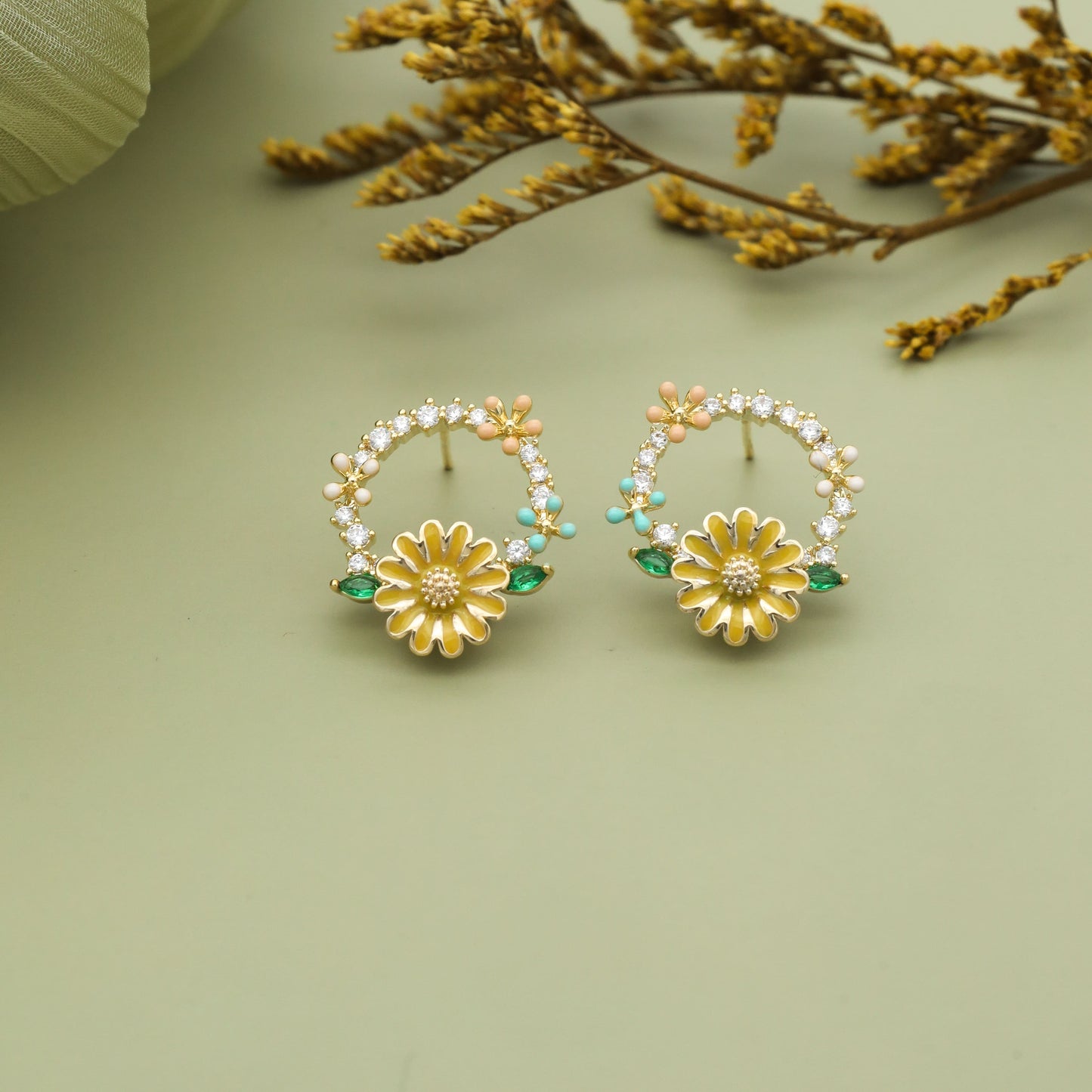 Golden Daisy Wreath Earrings with Crystals & Colorful Accents