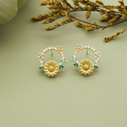 Golden Daisy Wreath Earrings with Crystals & Colorful Accents