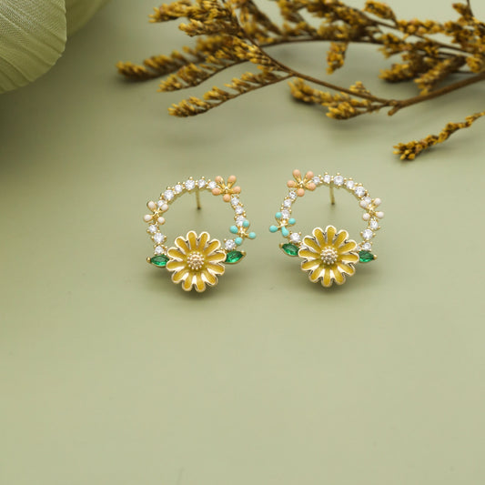 Golden Daisy Wreath Earrings with Crystals & Colorful Accents