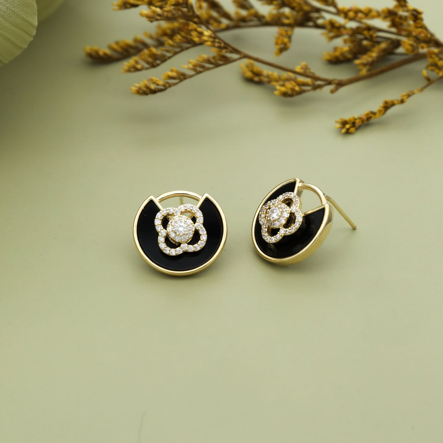 Elegant Black & Gold Floral Stud Earrings with Crystal Accents