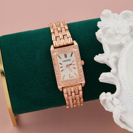Chic Rose Gold Rectangular Dial Women’s Watch with Crystal Bezel