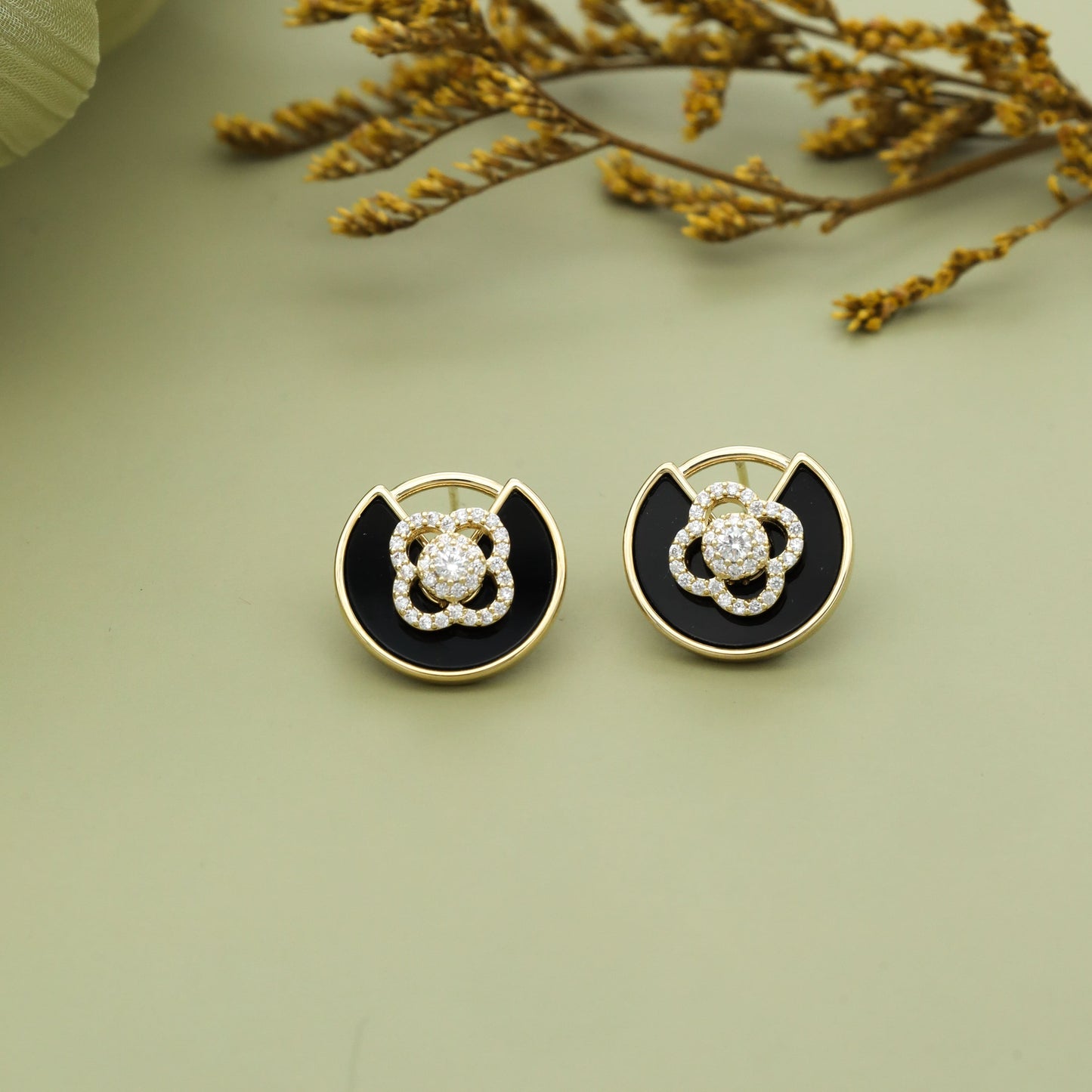 Elegant Black & Gold Floral Stud Earrings with Crystal Accents
