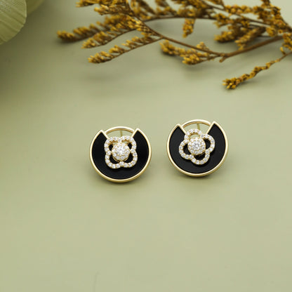 Elegant Black & Gold Floral Stud Earrings with Crystal Accents