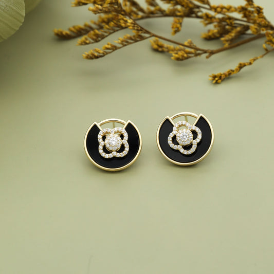 Elegant Black & Gold Floral Stud Earrings with Crystal Accents