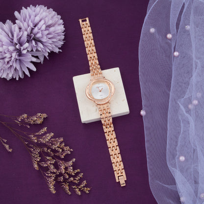 Designer Rose Gold Women’s Watch with Unique Crystal-Studded Bezel