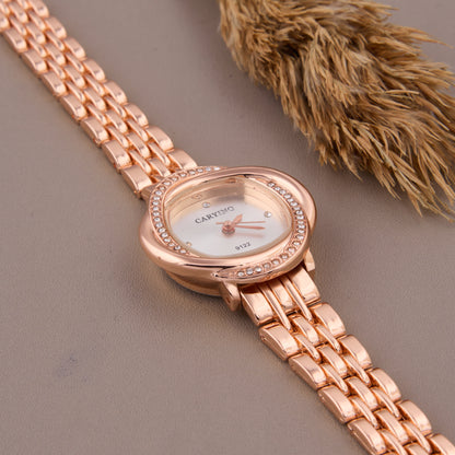 Designer Rose Gold Women’s Watch with Unique Crystal-Studded Bezel