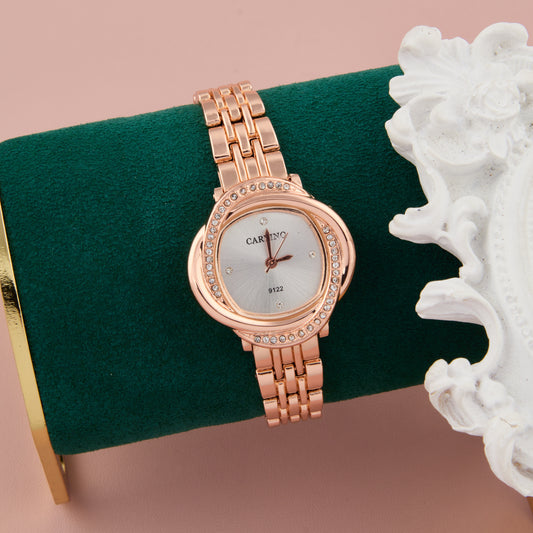 Designer Rose Gold Women’s Watch with Unique Crystal-Studded Bezel