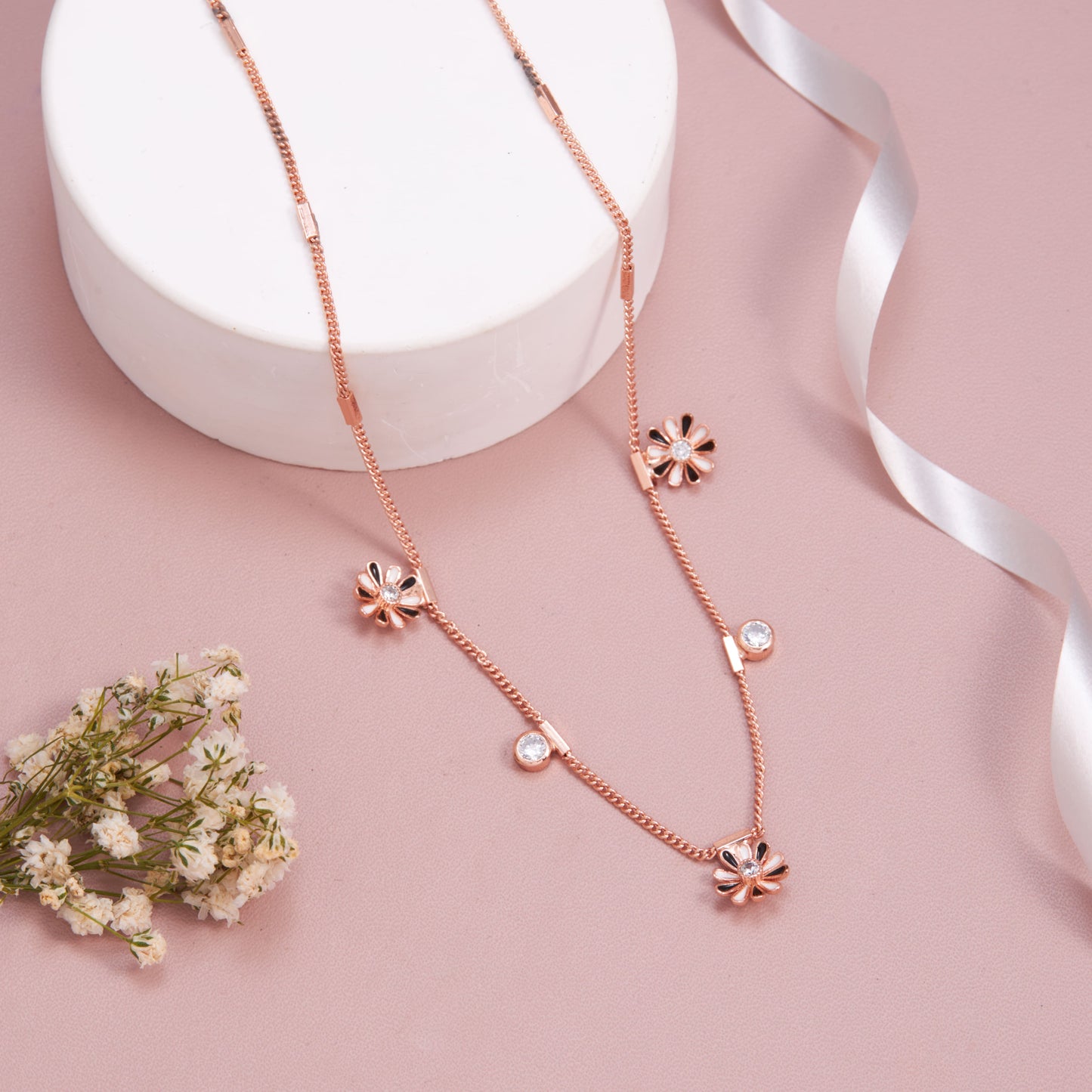 Stainless Steel Rose Gold Plated American Diamond Studded Necklace for Women