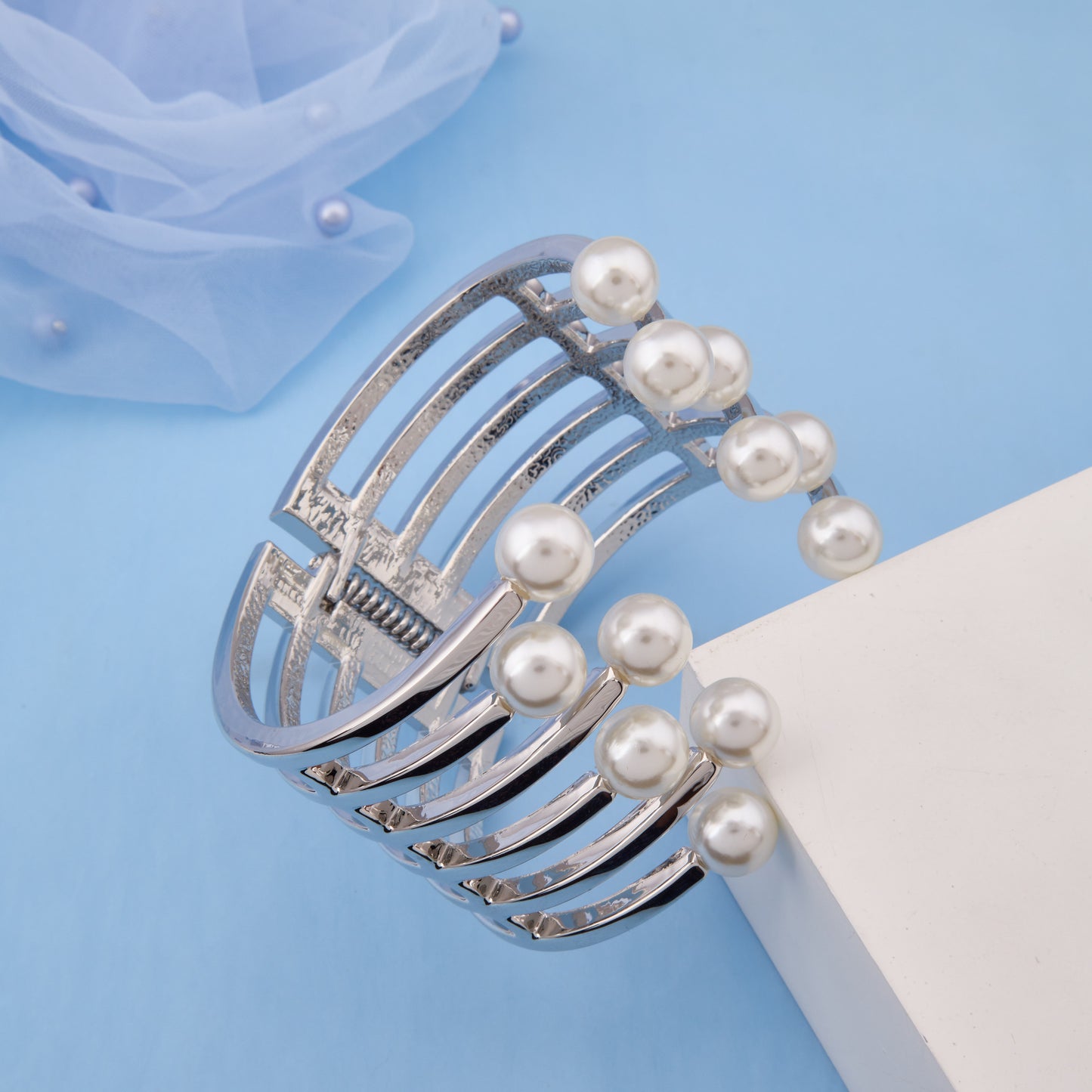 Silver-Tone Caged Pearl Statement Bracelet