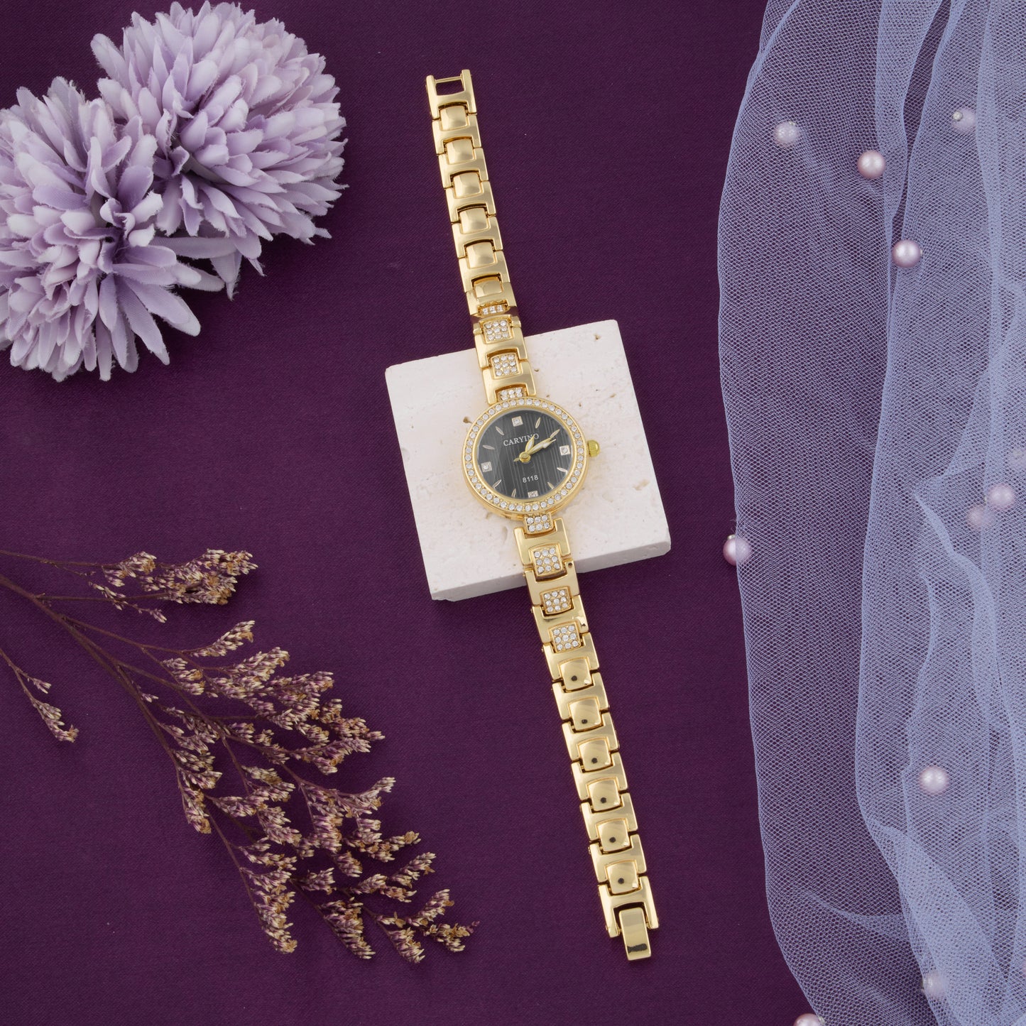 Stylist Gold Green Women’s Watch with Crystal-Studded Bracelet