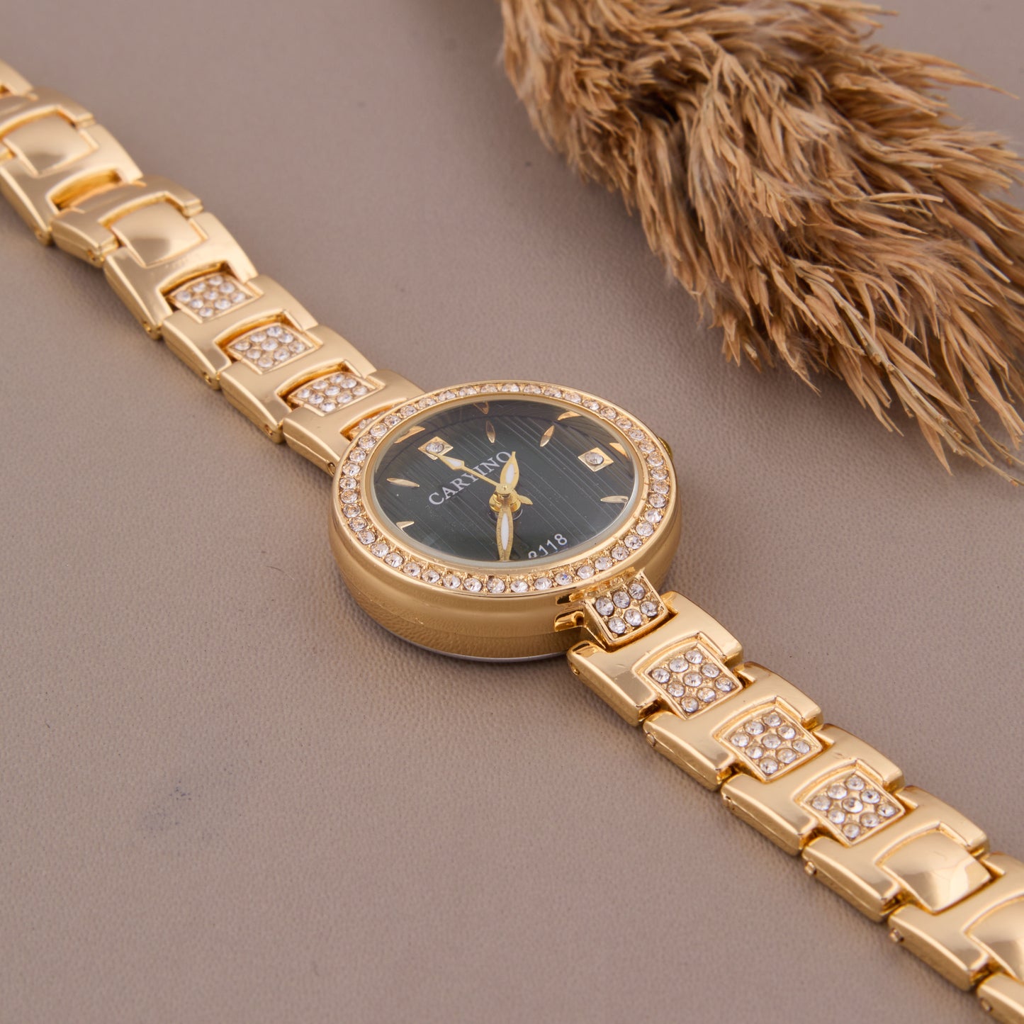 Stylist Gold Green Women’s Watch with Crystal-Studded Bracelet
